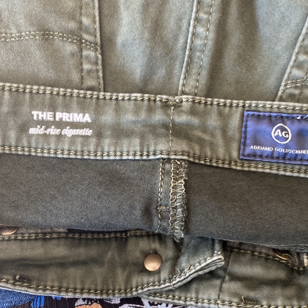 Women's AG Dark Olive Green mid-rise cigarette jeans/skinnies. Soft fabric. - Picture 7 of 8